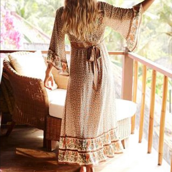 Red Boho Floral Gypsy Print Maxi Dress Kimono - Picture 11 of 12